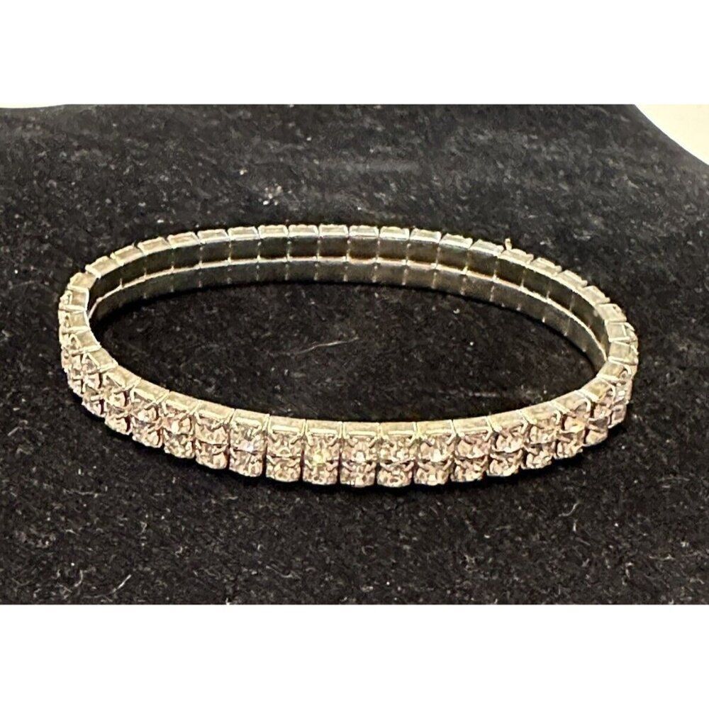 Rhinestone Encrusted 2 Band Stretch Bracelet Sparkle Statement Silver Tone